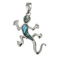 Bijoux pendentifs en laiton, avec coquille d'ormeau, gecko, Placage de couleur argentée, protéger l'environnement, sans nickel, plomb et cadmium, 27x36x2.50mm, Trou:Environ 5x7mm, Vendu par PC