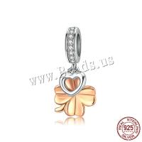 Cubic Zirconia Micro Pave Pingente de Prata Sterling, 925 de prata esterlina, Trevo de quatro folhas, rosa real com banho de cor, micro pavimento em zircônia cúbica, 11x21mm, vendido por PC