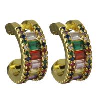 laiton Clip boucle d’oreille, Plaqué d'or, pavé de micro zircon & pour femme, protéger l'environnement, sans nickel, plomb et cadmium, 6x14.50x13mm, Trou:Environ 2.5x7mm, Vendu par paire