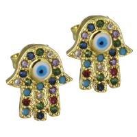 laiton boucle d oreille dormeuse, Mal Hamsa yeux, Plaqué d'or, pavé de micro zircon & pour femme, protéger l'environnement, sans nickel, plomb et cadmium, 9.50x11mm, Vendu par paire