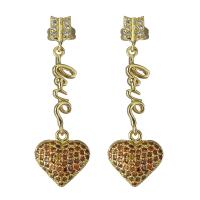 Boucles d'oreilles en laiton zircon cubique pavent, coeur, Plaqué d'or, pavé de micro zircon & pour femme, protéger l'environnement, sans nickel, plomb et cadmium, 12x12.5mm,36mm, Vendu par paire