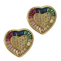 Pendientes de Perno en Latón, metal, Corazón, chapado en oro real, micro arcilla de zirconia cúbica & para mujer, libre de níquel, plomo & cadmio, 15x14mm, Vendido por Par