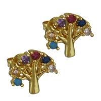 Goujon Laiton, arbre, Plaqué d'or, pavé de micro zircon & pour femme, protéger l'environnement, sans nickel, plomb et cadmium, 11.50x11.50mm, Vendu par paire