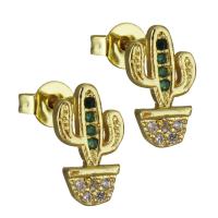 Brass Stud Earring Opuntia Stricta real gold plated micro pave cubic zirconia & for woman nickel lead & cadmium free Sold By Pair