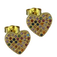 Ottone stallone orecchino, Cuore, placcato oro vero, Micro spianare cubic zirconia & per la donna, assenza di nichel,piombo&cadmio, 9.50x9mm, Venduto da coppia