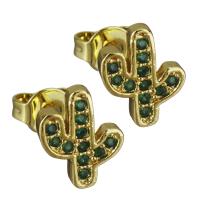 Pendientes de Perno en Latón, metal, Opuntia Stricta, chapado en oro real, micro arcilla de zirconia cúbica & para mujer, libre de níquel, plomo & cadmio, 8x9.50mm, Vendido por Par