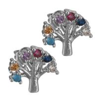 Pendientes de Perno en Latón, metal, Árbol, chapado en platina real, para mujer & con circonia cúbica, libre de níquel, plomo & cadmio, 12x11.50mm, Vendido por Par