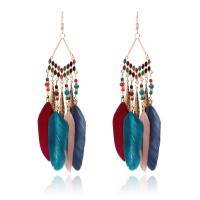 Zinc Alloy Tassel Earring with Seedbead & Feather gold color plated folk style & for woman nickel lead & cadmium free Sold By Pair