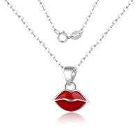 Sterling Zilveren halskettingen, Messing, Lip, silver plated, ovale keten & voor vrouw & glazuur, rood, 10x12mm, Per verkocht Ca 15.75 inch Strand