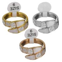 Strass roestvrij staal vinger ring, met strass klei pave & White Shell, plated, verschillende grootte voor keus & voor vrouw, meer kleuren voor de keuze, 12mm, Verkocht door PC