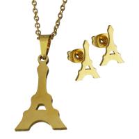 Set di gioielli in acciaio inox, Orecchino a bottone & Collana, Torre Eiffel, placcato color oro, catena ovale & per la donna, 13.5x22mm,1.5mm,8x12mm, Lunghezza Appross. 17.5 pollice, 6Setsinsieme/lotto, Venduto da lotto