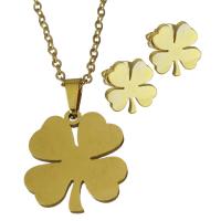 Roestvrij staal sieraden sets, Stud Oorbel & halsketting, Four Leaf Clover, gold plated, ovale keten & voor vrouw, 17.5x19mm,1.5mm,8.5x9.5mm, Lengte Ca 18 inch, 6sets/Lot, Verkocht door Lot