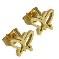 Boucle d'oreille de gaujon en acier inoxydable, papillon, Placage de couleur d'or, bijoux de mode & pour femme, 9.50x7mm, 12pairescouple/lot, Vendu par lot