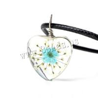 Tijd Gem sieraden ketting, Glas, met Gedroogde bloem & PU & Zinc Alloy, Hart, voor vrouw, meer kleuren voor de keuze, 20mm, Lengte Ca 19.3 inch, 10strengen/Lot, Verkocht door Lot