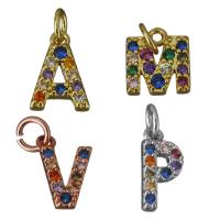 Rhinestone Brass Vedhæng, Messing, Alfabet bogstav, forgyldt, bogstaverne er fra A til Z & forskellige stilarter for valg & Micro Pave rhinestone, flere farver til valg, nikkel, bly & cadmium fri, Hole:Ca. 2.5mm, 10pc'er/Lot, Solgt af Lot