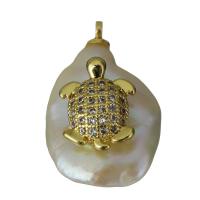 Eau douce-Perle-Brass-Pendentif, laiton, avec perle d'eau douce cultivée, Placage de couleur d'or, pavé de micro zircon, protéger l'environnement, sans nickel, plomb et cadmium, 13.50x21.50x11.50mm, Trou:Environ 1.5mm, 5PC/lot, Vendu par lot