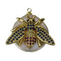 Eau douce-Perle-Brass-Pendentif, laiton, avec perle d'eau douce cultivée, Placage de couleur d'or, pavé de micro zircon, protéger l'environnement, sans nickel, plomb et cadmium, 22.50x22.50x9mm, Trou:Environ 1.5mm, 5PC/lot, Vendu par lot