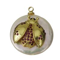 Eau douce-Perle-Brass-Pendentif, laiton, avec perle d'eau douce cultivée, Placage de couleur d'or, pavé de micro zircon, protéger l'environnement, sans nickel, plomb et cadmium, 18x21x8mm, Trou:Environ 1.5mm, 5PC/lot, Vendu par lot