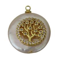 Eau douce-Perle-Brass-Pendentif, laiton, avec perle d'eau douce cultivée, Placage de couleur d'or, pavé de micro zircon, protéger l'environnement, sans nickel, plomb et cadmium, 18x21.50x6mm, Trou:Environ 1.5mm, 5PC/lot, Vendu par lot