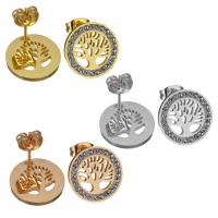 Roestvrij staal Stud Earrings, met strass klei pave, Boom, plated, voor vrouw & hol, meer kleuren voor de keuze, 14mm, Verkocht door pair