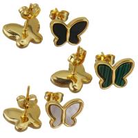 Roestvrij staal Stud Earrings, met Schelp & Hars, Vlinder, gold plated, verschillende materialen voor de keuze & voor vrouw, 12.50x9.50mm, Verkocht door pair