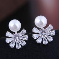 Messing oorbelknoppen, met Cubic Zirconia & Plastic Pearl, plated, voor vrouw, zilver, nikkel, lood en cadmium vrij, 18*14mm, Verkocht door pair