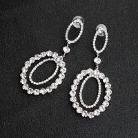 strass Boucle d'oreille goutte, avec earnut en alliage de zinc & bijoux de mode & pour femme, argent, 8x3.5CM, Vendu par paire