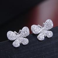 Messing Stud ørering, Butterfly, forgyldt, Micro Pave cubic zirconia & for kvinde, sølv, nikkel, bly & cadmium fri, 13*11mm, Solgt af par