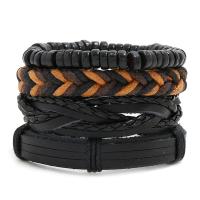 PU Bracciale Set, with Cotone cerato & legno, 4 pezzi & Regolabile & unisex, nero, assenza di nichel,piombo&cadmio, 180mm, 4Strandstrefolo/set, Venduto da set