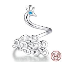 Argent sterling 925 Cuff Bague, paon, Plaqué de platine, pavé de micro zircon & pour femme, 2mm, Taille:5, Vendu par PC