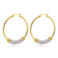 Mens acier inoxydable Hoop boucles d'oreilles, pour femme & avec strass, doré, 40mm, 2pairescouple/sac, Vendu par sac