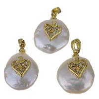 Eau douce-Perle-Brass-Pendentif, laiton, avec perle d'eau douce cultivée, Placage de couleur d'or, bijoux de mode & pavé de micro zircon, protéger l'environnement, sans nickel, plomb et cadmium, 14-15x19-20x7-7.5mm, Trou:Environ 2.5x4.5mm, Vendu par PC