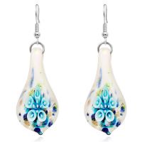 Pendientes de Cristal de Murano, con acero inoxidable, Gota, para mujer & plovo dorado & flor interior, libre de níquel, plomo & cadmio, 33*15mm, Vendido por Par