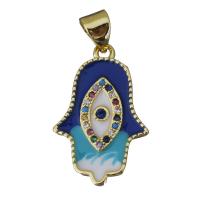 Cubic Zirconia Micro Pave bronze Pingente, cobre, mão Hamsa, cromado de cor dourada, joias de moda & micro pavimento em zircônia cúbica & esmalte, níquel, chumbo e cádmio livre, 14x21.50x2mm, Buraco:Aprox 3.5x4.5mm, 5PCs/Lot, vendido por Lot