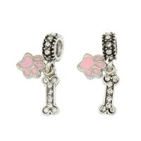 European stile Zinc Alloy pendenti, lega in zinco, Osso, placcato argento antico, smalto & con strass, rosa, assenza di nichel,piombo&cadmio, 8x11x1.5mm,5.5x14.5x1.5mm, Foro:Appross. 4.5mm, 30PC/borsa, Venduto da borsa