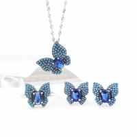 925 Sterling Silver Jewelry Set, Orecchino a bottone & anello dito & Collana, 925 sterline d'argento, with cubico zircone, Sterling silver Inserisci, Farfalla, Regolabile & tre pezzi & per la donna, 21.6x21.6mm,13.5x12.2mm,12.3mm, Lunghezza Appross. 17.7 pollice, Venduto da set