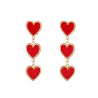 Zinc Alloy Øreringe, zinklegering ørering indlæg, Heart, guldfarve belagt, for kvinde & emalje, rød, 20x65mm, 10par/Lot, Solgt af Lot