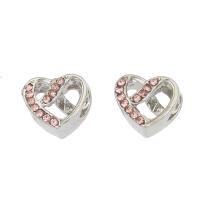 Zinc Alloy European Beads Heart silver color plated with rhinestone pink nickel lead & cadmium free Approx 5mm Sold By Bag