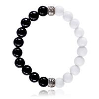 Musselmalet Giant Armbånd, med Sort Agate & Zinc Alloy, Runde, antik sølv farve forgyldt, Unisex, hvid og sort, 8mm, Solgt Per Ca. 6.9 inch Strand