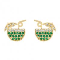 Boucles d'oreilles en laiton zircon cubique pavent, Placage de couleur d'or, pour femme & avec strass, vert, 14*12mm, Vendu par paire