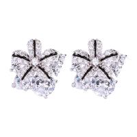 Brass Stud Earring Flower silver color plated for woman & with rhinestone 10*10mm Sold By Pair