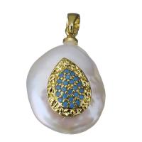 Eau douce-Perle-Brass-Pendentif, laiton, avec perle d'eau douce cultivée, Placage de couleur d'or, bijoux de mode & pavé de micro zircon, protéger l'environnement, sans nickel, plomb et cadmium, 14-15x19-21x9-11mm, Trou:Environ 2.5x4mm, 10PC/lot, Vendu par lot