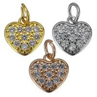 Messing hjerte Vedhæng, Heart, forgyldt, Micro Pave cubic zirconia, flere farver til valg, nikkel, bly & cadmium fri, 10x10x1.5mm, Hole:Ca. 3.5mm, 30pc'er/Lot, Solgt af Lot