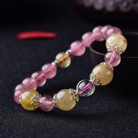 Quarz Armbänder, Strawberry Quartz, mit Messing, silberfarben plattiert, für Frau & mit Strass, 80-110mm, verkauft von Strang