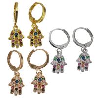 cobre Huggie Hoop Brinco Pendente, mão Hamsa, banhado, micro pavimento em zircônia cúbica & para mulher, Mais cores pare escolha, níquel, chumbo e cádmio livre, 26mm,9.5x13mm, 20Pairs/Lot, vendido por Lot