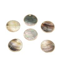 Natural Black Shell Pendler, med Messing, Flad Rund, guldfarve belagt, 30x30x2mm, Hole:Ca. 2mm, Ca. 5pc'er/Bag, Solgt af Bag