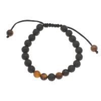 Lava Woven Ball armbånd, med Tiger Eye & Nylonsnor, Runde, Unisex & justerbar, sort, 8mm, Solgt Per Ca. 7.5 inch Strand