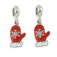 European stile Zinc Alloy pendenti, lega in zinco, Guanto di Natale, placcato color argento, smalto & con strass, assenza di nichel,piombo&cadmio, 28x13x3mm, Foro:Appross. 4mm, 30PC/borsa, Venduto da borsa