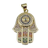 Befestigter Zirkonia Messing Anhänger, Hamsa, goldfarben plattiert, Modeschmuck & Micro pave Zirkonia, frei von Nickel, Blei & Kadmium, 19.50x29x2.50mm, Bohrung:ca. 3.5x4.5mm, 5PCs/Menge, verkauft von Menge