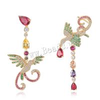 laiton Boucles d'oreilles asymétriques, avec pierre gemme, laiton puce boucle d'oreille, Phénix, Placage de champagne d’or, bijoux de mode & pavé de micro zircon & pour femme, couleurs mélangées, 35.5x71mm,40.1x65.8mm, Vendu par paire